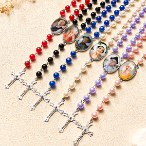 Custom Rosary Beads Cross Multi-Color Necklace Personalized Necklace with Photo Memorial Gift for Women