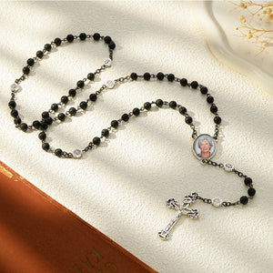 Custom Rosary Beads Cross Necklace Personalized Volcanic Stone Necklace with Photo - Myphotowallet