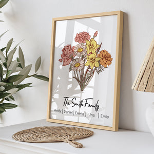 Personalized Birth flower Bouquet Names Frame Gift for Mom