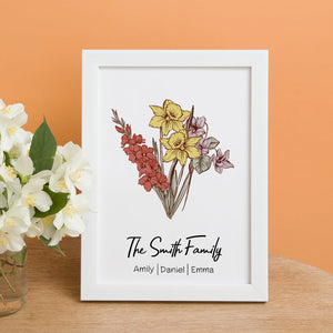Personalized Birth flower Bouquet White Names Frame Gift for Mom - Myphotowallet