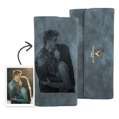 Women's Photo Engraved Photo Wallet - Blue Leather