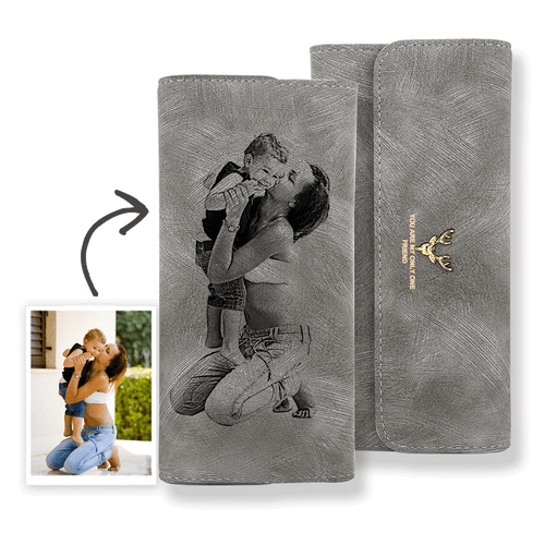 Gift for Her Long Photo Wallet Personalised Wallet - Grey Leather for Mum