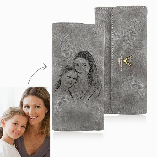 Gift for Mum Long Photo Wallet Personalised Wallet - Grey Leather
