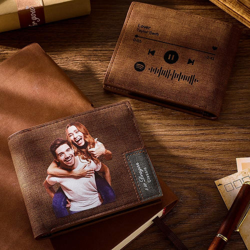 Scannable Spotify Code Wallet Photo Engraved Wallet Memorial Gifts-Brown