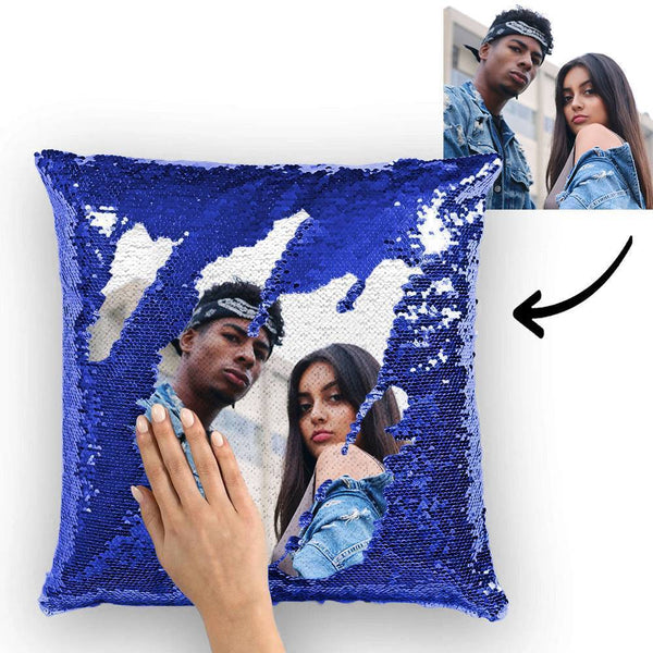Personalized Photo Sequin Pillow Full Printing Reversible Pillow 15.75x 15.75-Blue