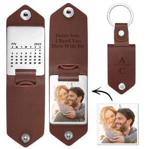 Personalized Leather Keychain with Photo and Text Anniversary Gift for Couple Initial Engraved