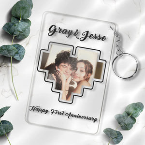 Custom Puzzle Heart Photo Plaque Acrylic Keychain With Text Anniversary Gift