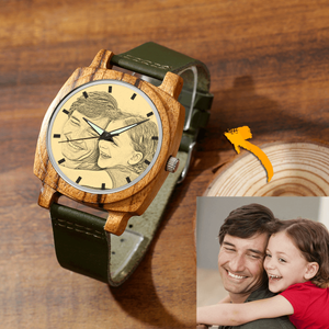Men's Engraved Bamboo Photo Watch Dark Green Leather Strap 45mm - photowatch