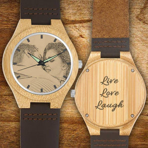 Custom Men's Engraved Wooden Photo Watch Brown Cow Leather Strap