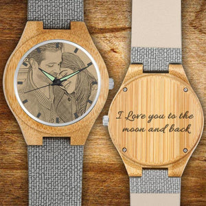 Men's Engraved Bamboo Photo Watch Grey Leather Strap 45mm Gift For Boyfriend