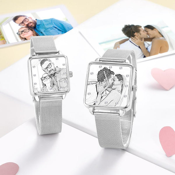 Custom Unisex Engraved Photo Watch - Silver Square Case Watch Sketch