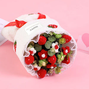 Crochet Flowers Bouquet Handmade Knitted Strawberry Bouquet with Light Strip Gift for Lovers