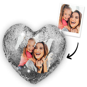 Mother's Day Gift Custom Photo Magic Heart Sequins Pillow-Silver