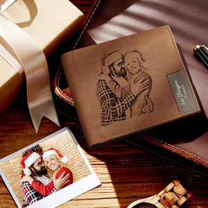Custom Photo Engraved Short Wallet Brown Gift For Christmas