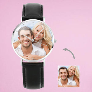 UK Personalised Engraved Photo Watch With Black Leather Strap 40mm