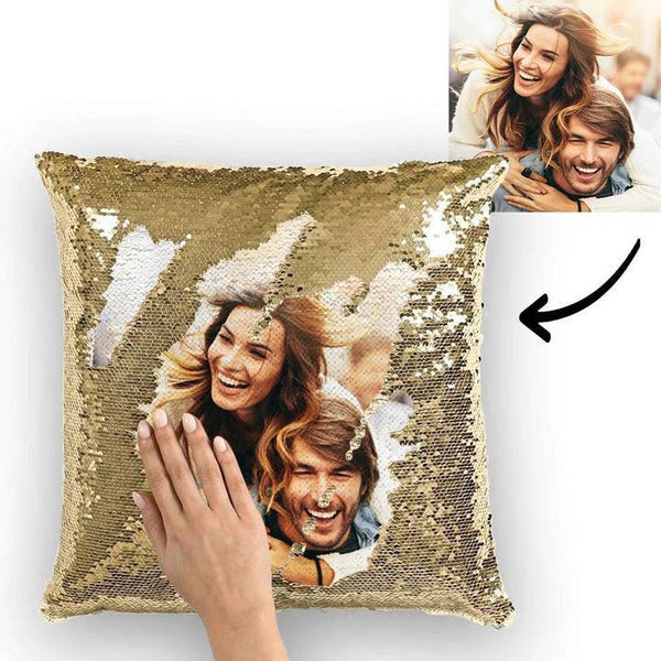 Personalized Photo Sequin Pillow Full Printing Reversible Pillow 15.75x 15.75-Gold